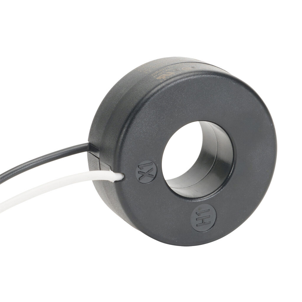 2RL-201 - Sifam Tinsley AC current transformer, solid core, 200A primary, 5A secondary, 1.05in diameter sensing window, +/- 1% accuracy, (2) 24in 16 AWG lead wires.