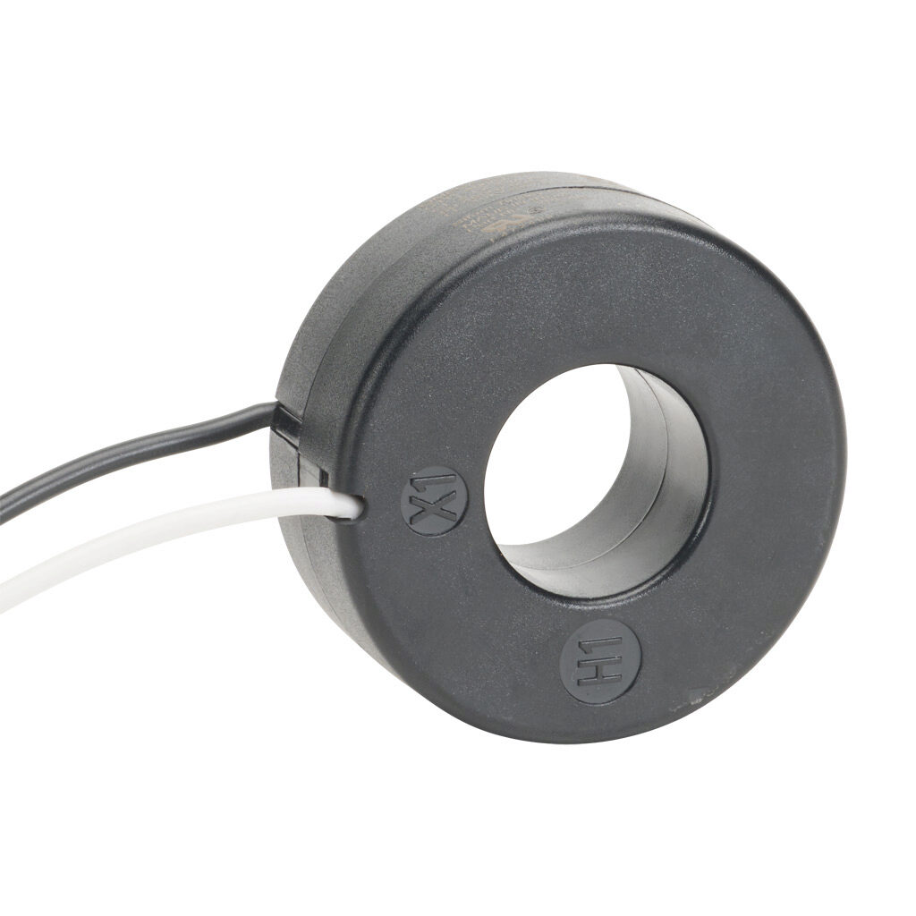 2RL-401 - Sifam Tinsley AC current transformer, solid core, 400A primary, 5A secondary, 1.05in diameter sensing window, +/- 1% accuracy, (2) 24in 16 AWG lead wires.