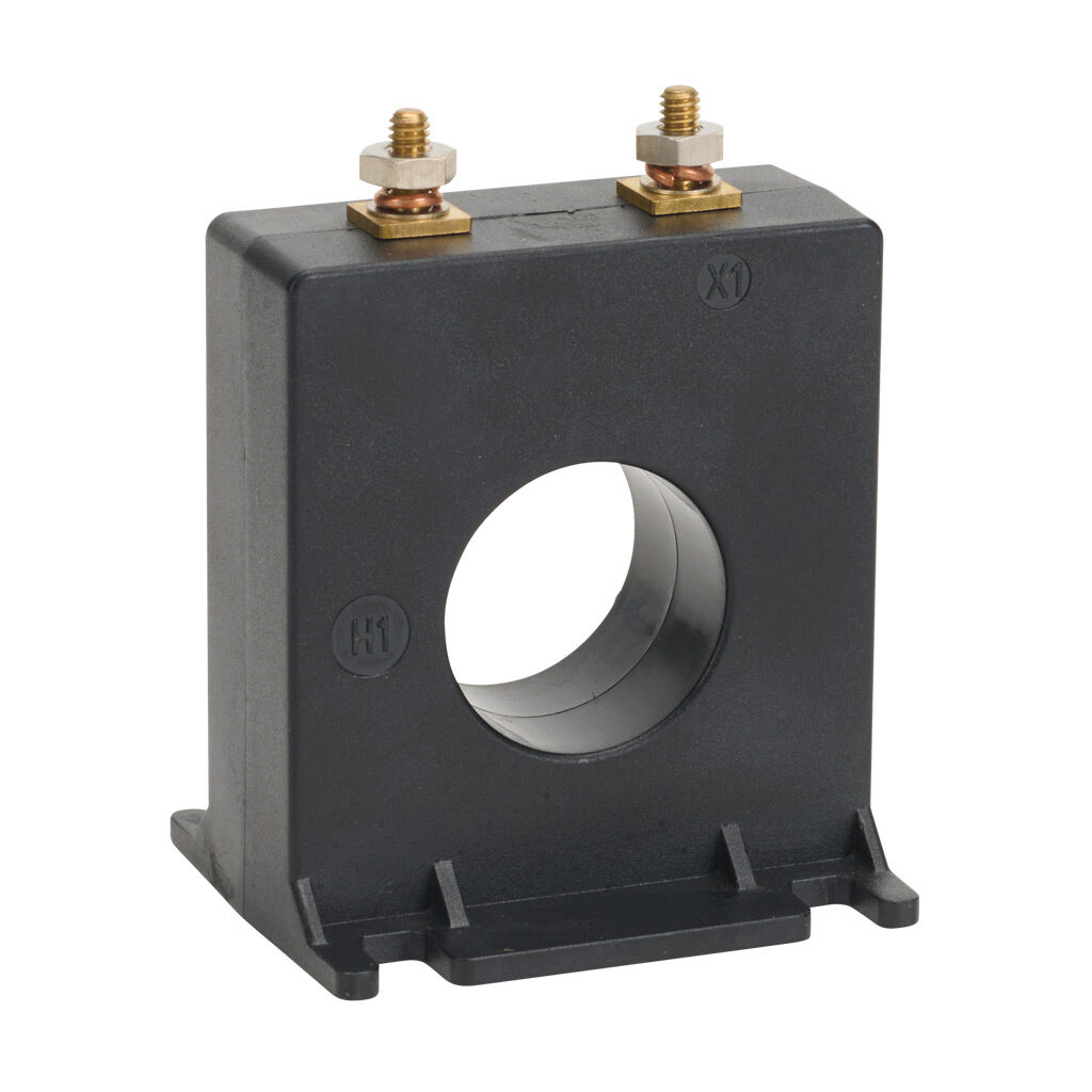 2SFT-201 - Sifam Tinsley AC current transformer, solid core, 200A primary, 5A secondary, 1.13in diameter sensing window, +/- 1% accuracy, 8-32 terminal stud with nut.