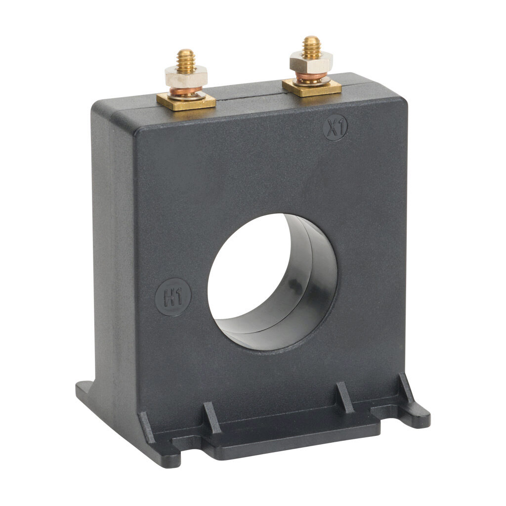 2SFT-500 - Sifam Tinsley AC current transformer, solid core, 50A primary, 5A secondary, 1.13in diameter sensing window, +/- 3% accuracy, 8-32 terminal stud with nut.