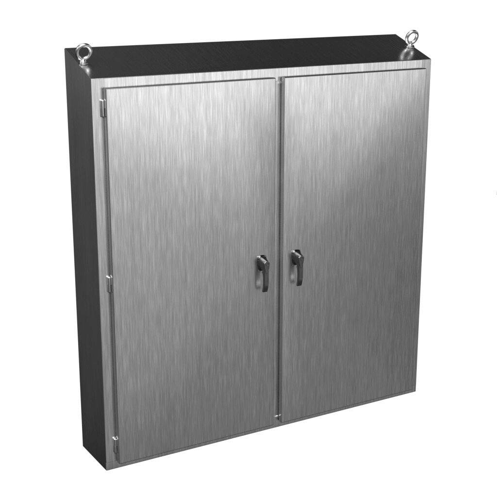 2STFS747512SS - Hammond enclosure, slope top, NEMA 3R/4/4X/12/13, 74 x 75 x 12in (HxWxD), freestanding, 304 stainless steel, #4 brush finish, double-door, 3-point 316 stainless steel padlocking handle.