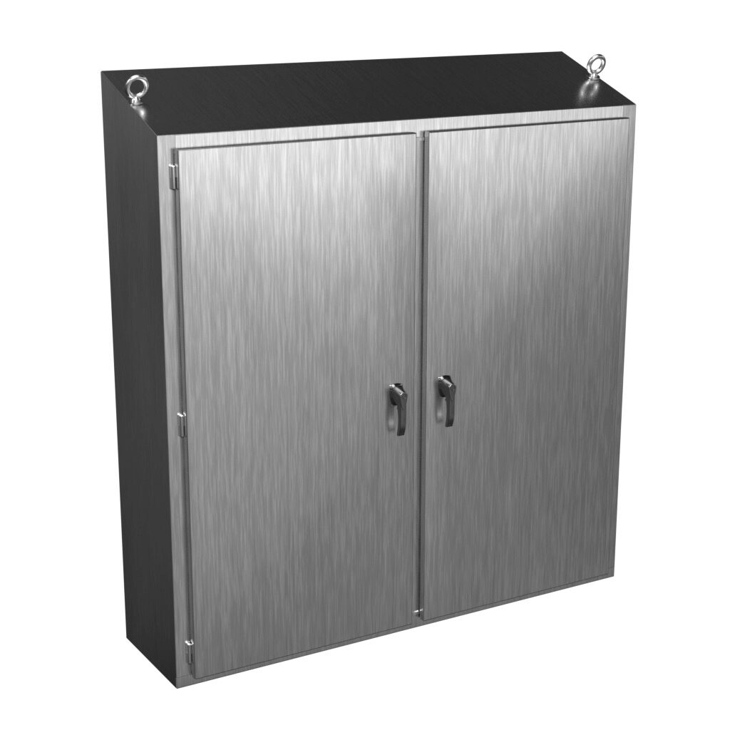 2STFS747518S16 - Hammond enclosure, slope top, NEMA 3R/4/4X/12/13, 74 x 75 x 18in (HxWxD), freestanding, 316 stainless steel, #4 brush finish, double-door, 3-point 316 stainless steel padlocking handle.