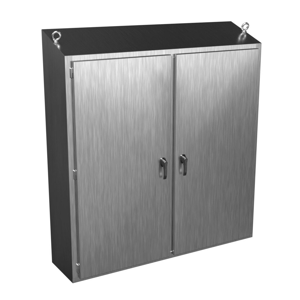 2STFS747518SS - Hammond enclosure, slope top, NEMA 3R/4/4X/12/13, 74 x 75 x 18in (HxWxD), freestanding, 304 stainless steel, #4 brush finish, double-door, 3-point 316 stainless steel padlocking handle.