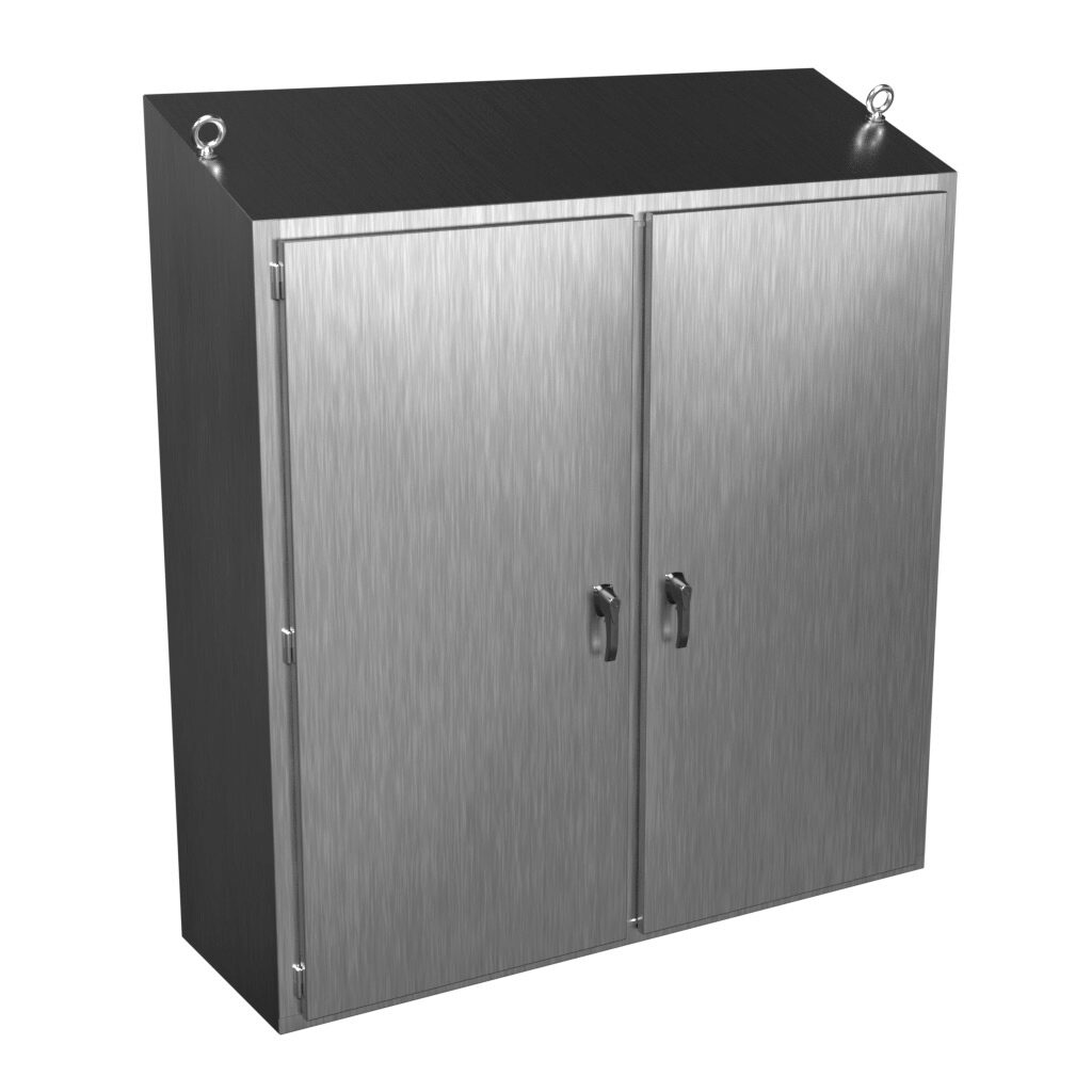2STFS747524S16 - Hammond enclosure, slope top, NEMA 3R/4/4X/12/13, 74 x 75 x 24in (HxWxD), freestanding, 316 stainless steel, #4 brush finish, double-door, 3-point 316 stainless steel padlocking handle.
