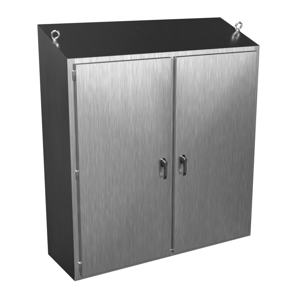 2STFS747524SS - Hammond enclosure, slope top, NEMA 3R/4/4X/12/13, 74 x 75 x 24in (HxWxD), freestanding, 304 stainless steel, #4 brush finish, double-door, 3-point 316 stainless steel padlocking handle.