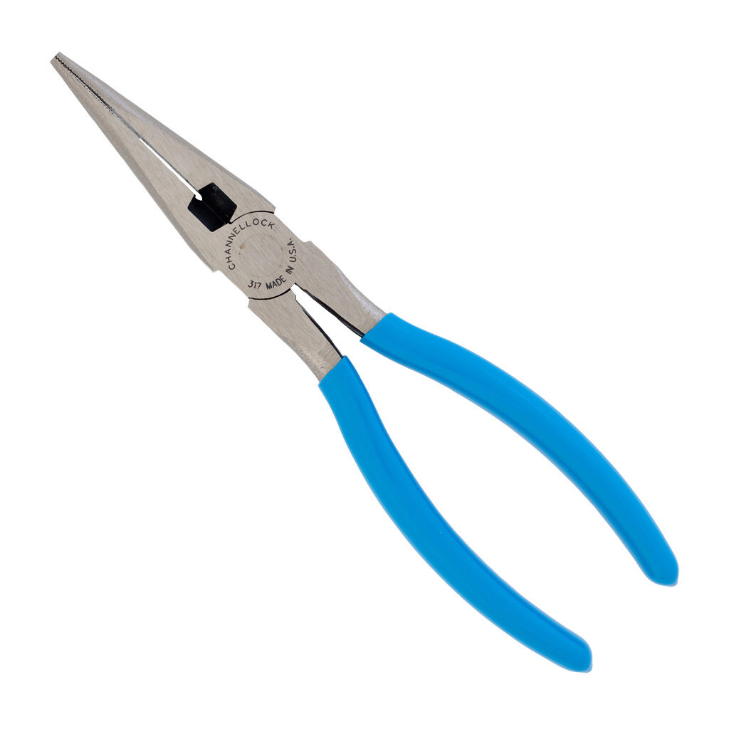 317 - CHANNELLOCK long nose pliers, 8.0in (203mm) overall length, precision knife & anvil cutting edges, classic grip vinyl handles.
