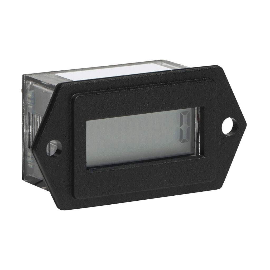 3400-0000 - Trumeter electrical counter, 7mm 8-digit LCD, 10-300 VDC or 20-300 VAC input, rectangular 2-hole mount, 1/4in (6.4mm) spade terminals.