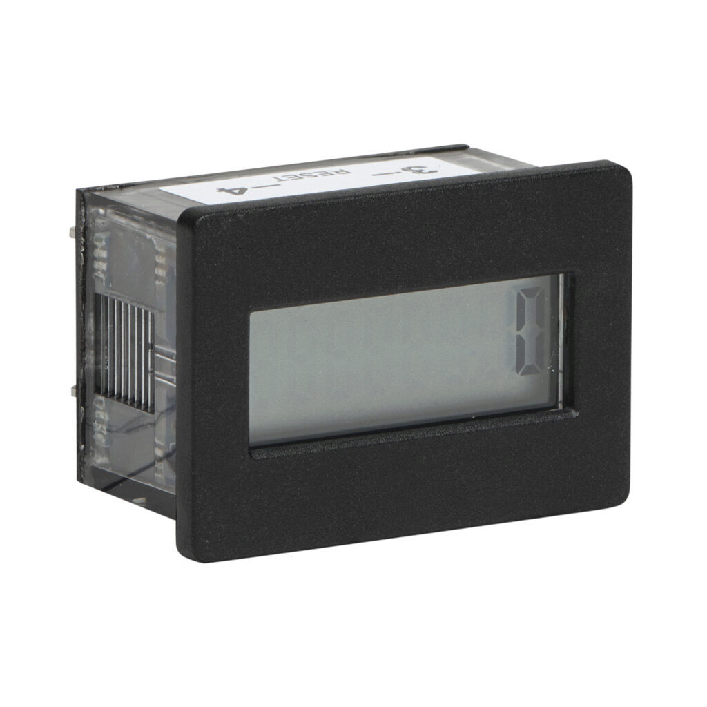 3400-2010 - Trumeter electrical counter, 7mm 8-digit LCD, 10-300 VDC or 20-300 VAC input, remote reset, rectangular flush mount with clip, 1/4in (6.4mm) spade terminals.