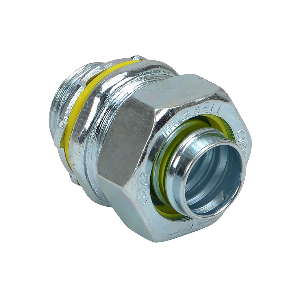 3403-8 - RACO fitting, liquid-tight, steel, straight, 3/4in trade size, compression conduit connection, zinc electro-plated finish. For use with LFMC and NM-Type B electrical conduit. Sealing washer and locknut included.