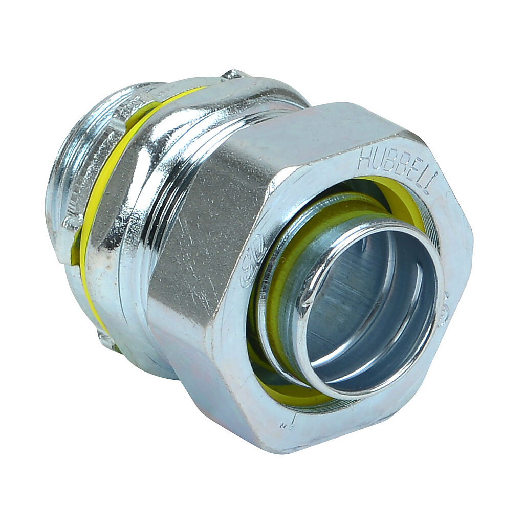 3404 - RACO fitting, liquid-tight, steel, straight, 1in trade size, compression conduit connection, zinc electro-plated finish. Package of 10. For use with LFMC and NM-Type B electrical conduit. Sealing washer and locknut included.