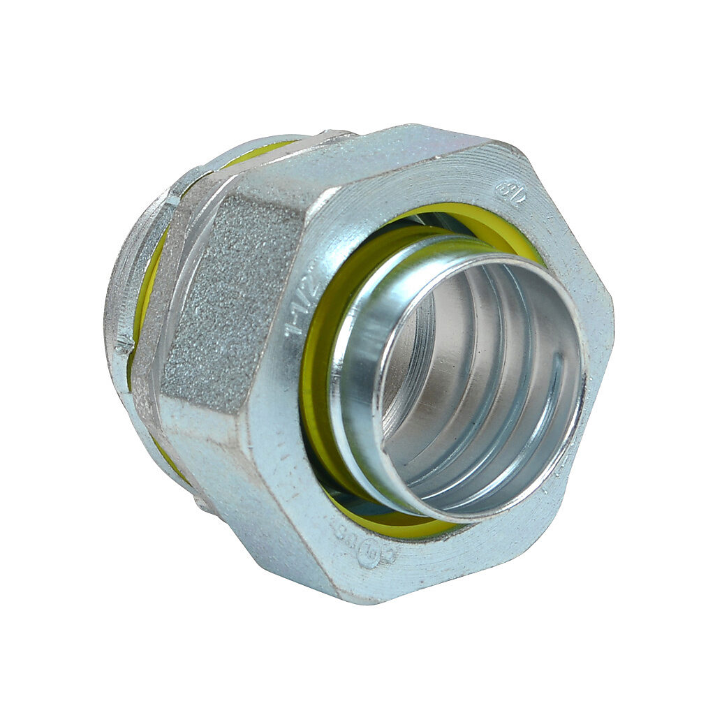 3406-8 - RACO fitting, liquid-tight, malleable iron, straight, 1-1/2in trade size, compression conduit connection, zinc electro-plated finish. For use with LFMC and NM-Type B electrical conduit. Sealing washer and locknut included.