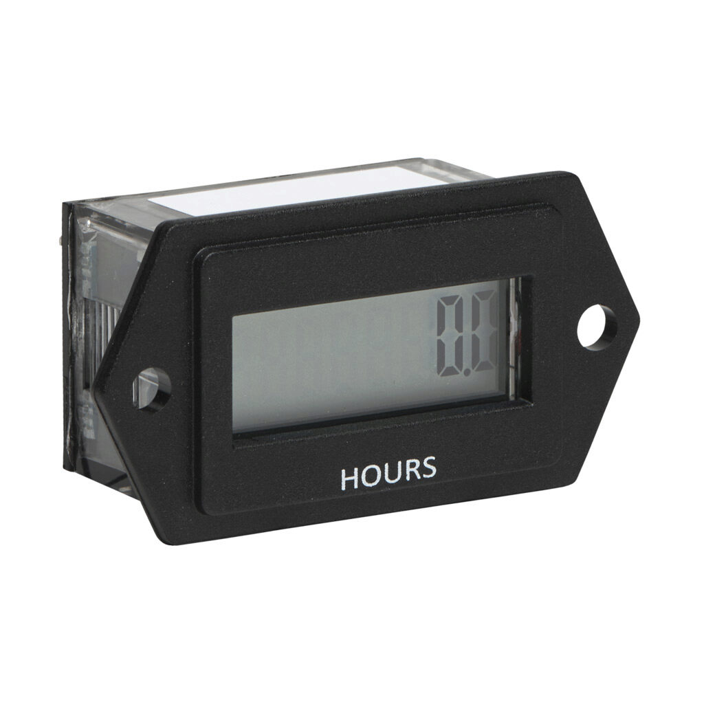 3410-0000 - Trumeter electrical hour meter, 7mm 8-digit LCD, 10-300 VDC or 20-300 VAC input, rectangular 2-hole mount, 1/4in (6.4mm) spade terminals.