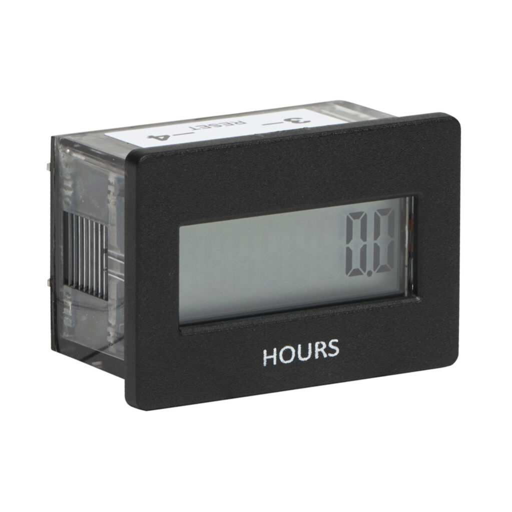 3410-2010 - Trumeter electrical hour meter, 7mm 8-digit LCD, 10-300 VDC or 20-300 VAC input, remote reset, rectangular flush mount with clip, 1/4in (6.4mm) spade terminals.