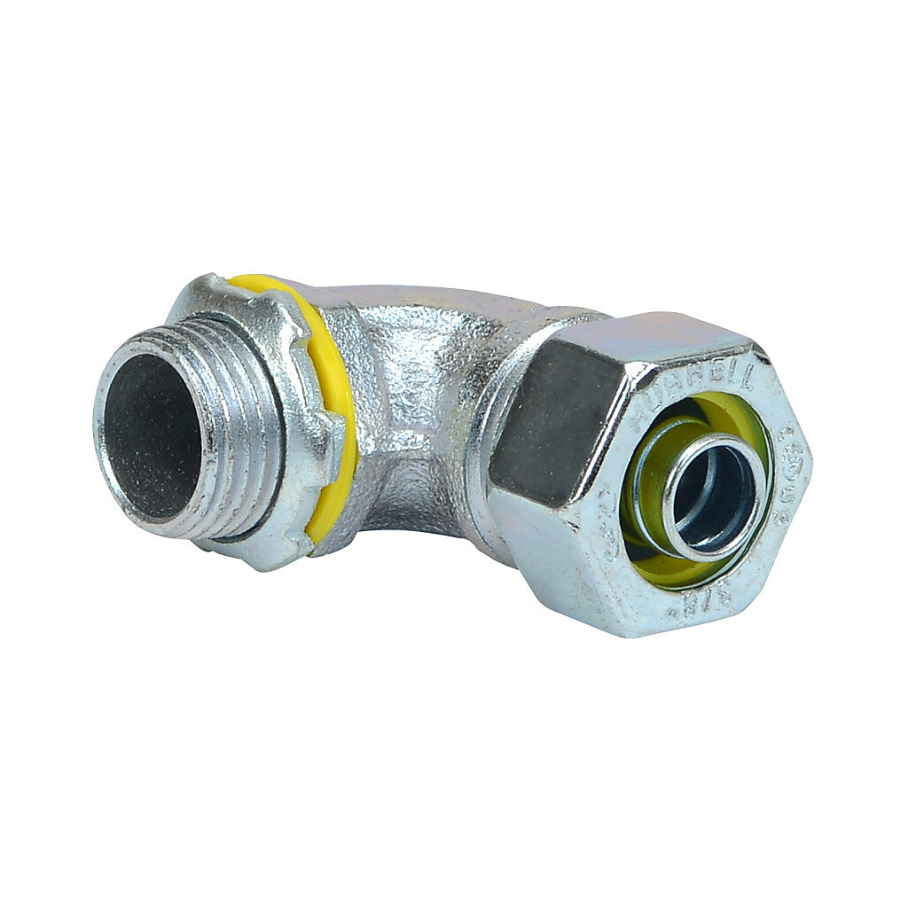 3421-8 - RACO fitting, liquid-tight, steel, 90-degree, 3/8in trade size, compression conduit connection, zinc electro-plated finish. For use with LFMC and NM-Type B electrical conduit. Sealing washer and locknut included.