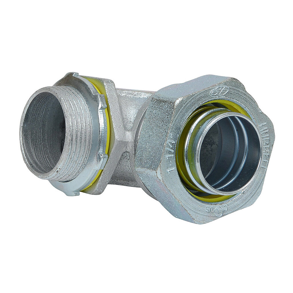 3425 - RACO fitting, liquid-tight, malleable iron, 90-degree, 1-1/4in trade size, compression conduit connection, zinc electro-plated finish. Package of 10. For use with LFMC and NM-Type B electrical conduit. Sealing washer and locknut included.
