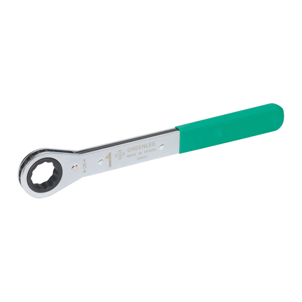 34941 - Greenlee box end wrench, ratcheting, 1in, 13in (330mm) overall length, 5 degree low return angle.