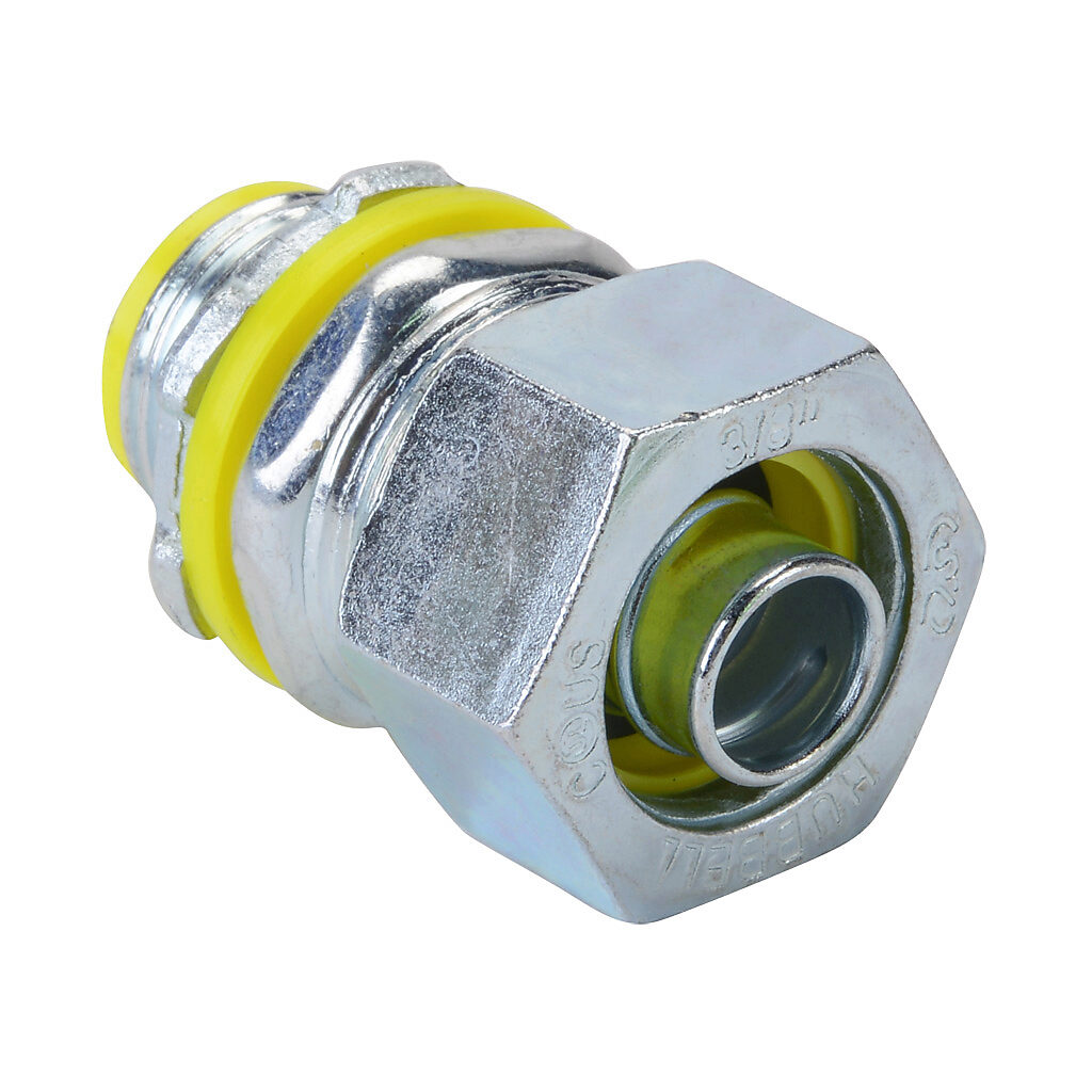 3511RAC - RACO fitting, liquid-tight, steel, straight, 3/8in trade size, compression conduit connection, insulated, zinc electro-plated finish. Package of 25. For use with LFMC and NM-Type B electrical conduit. Sealing washer and locknut included.