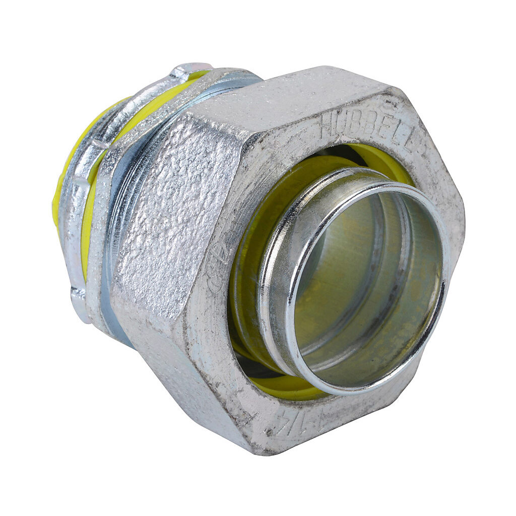 3515RAC - RACO fitting, liquid-tight, malleable iron, straight, 1-1/4in trade size, compression conduit connection, insulated, zinc electro-plated finish. Package of 10. For use with LFMC and NM-Type B electrical conduit. Sealing washer and locknu...