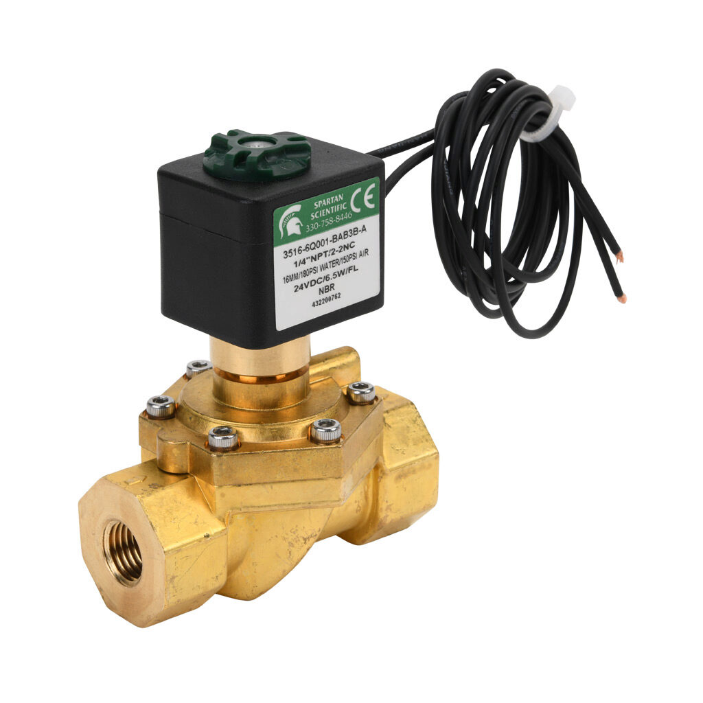 3516-6Q001-BAB3B-A - Spartan solenoid valve, 2-way, 2-position, N.C., low lead brass body, FKM seal(s), 1/4in female NPT inlet(s), 1/4in female NPT outlet(s), Cv=4.5, 10 psi minimum operating pressure, 24 VDC operating voltage, 18in 22 AWG pigtail.