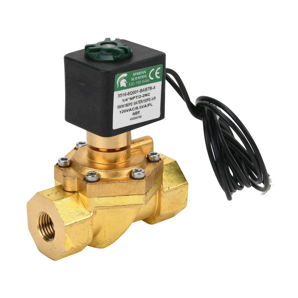3516-6Q001-BAB7B-A - Spartan solenoid valve, 2-way, 2-position, N.C., low lead brass body, FKM seal(s), 1/4in female NPT inlet(s), 1/4in female NPT outlet(s), Cv=4.5, 10 psi minimum operating pressure, 120 VAC operating voltage, 18in 22 AWG pigtail.