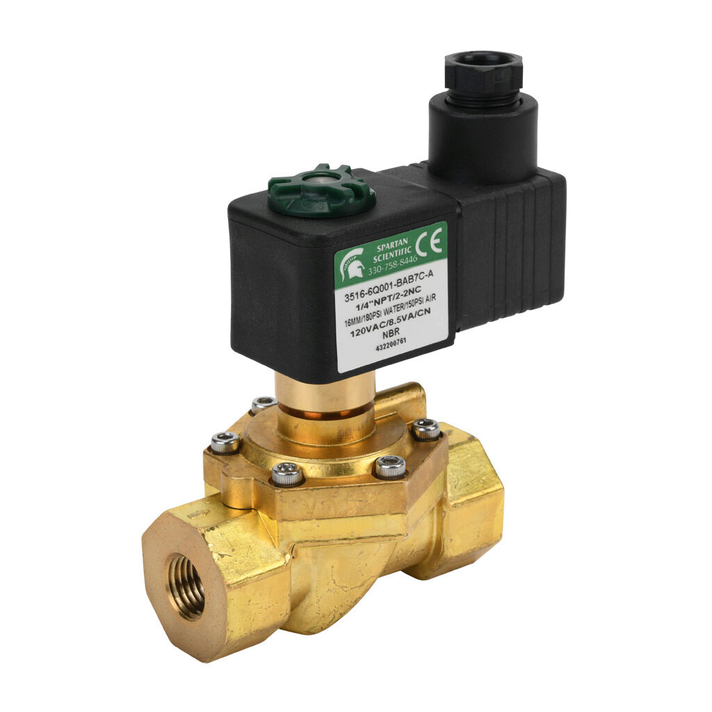 3516-6Q001-BAB7C-A - Spartan solenoid valve, 2-way, 2-position, N.C., low lead brass body, FKM seal(s), 1/4in female NPT inlet(s), 1/4in female NPT outlet(s), Cv=4.5, 10 psi minimum operating pressure, 120 VAC operating voltage, 18mm DIN style wir...