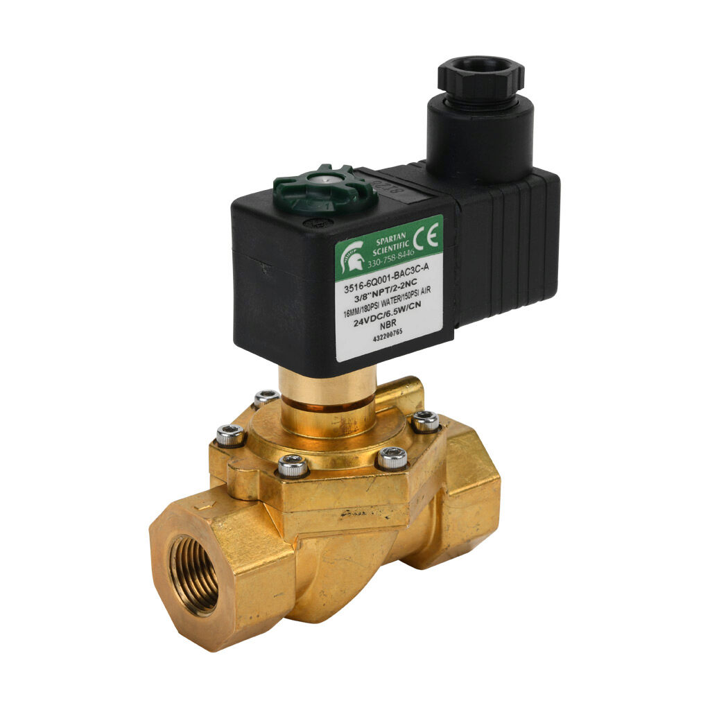 3516-6Q001-BAC3C-A - Spartan solenoid valve, 2-way, 2-position, N.C., low lead brass body, FKM seal(s), 3/8in female NPT inlet(s), 3/8in female NPT outlet(s), Cv=4.5, 10 psi minimum operating pressure, 24 VDC operating voltage, 18mm DIN style wiri...