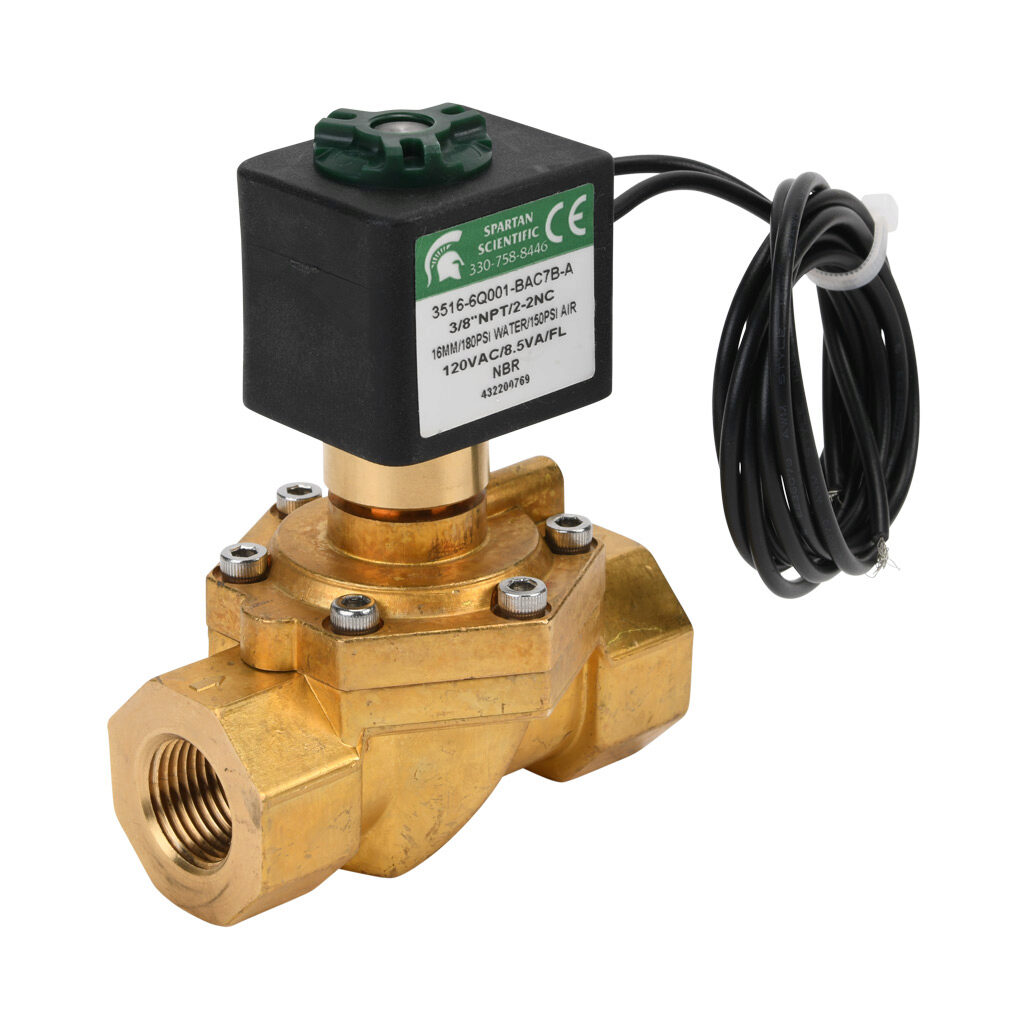 3516-6Q001-BAC7B-A - Spartan solenoid valve, 2-way, 2-position, N.C., low lead brass body, FKM seal(s), 3/8in female NPT inlet(s), 3/8in female NPT outlet(s), Cv=4.5, 10 psi minimum operating pressure, 120 VAC operating voltage, 18in 22 AWG pigtail.