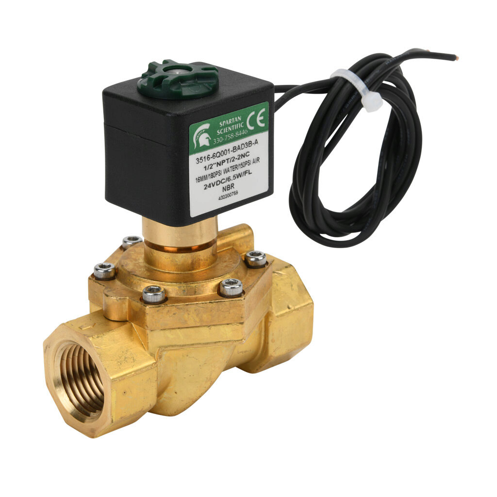3516-6Q001-BAD3B-A - Spartan solenoid valve, 2-way, 2-position, N.C., low lead brass body, FKM seal(s), 1/2in female NPT inlet(s), 1/2in female NPT outlet(s), Cv=4.5, 10 psi minimum operating pressure, 24 VDC operating voltage, 18in 22 AWG pigtail.