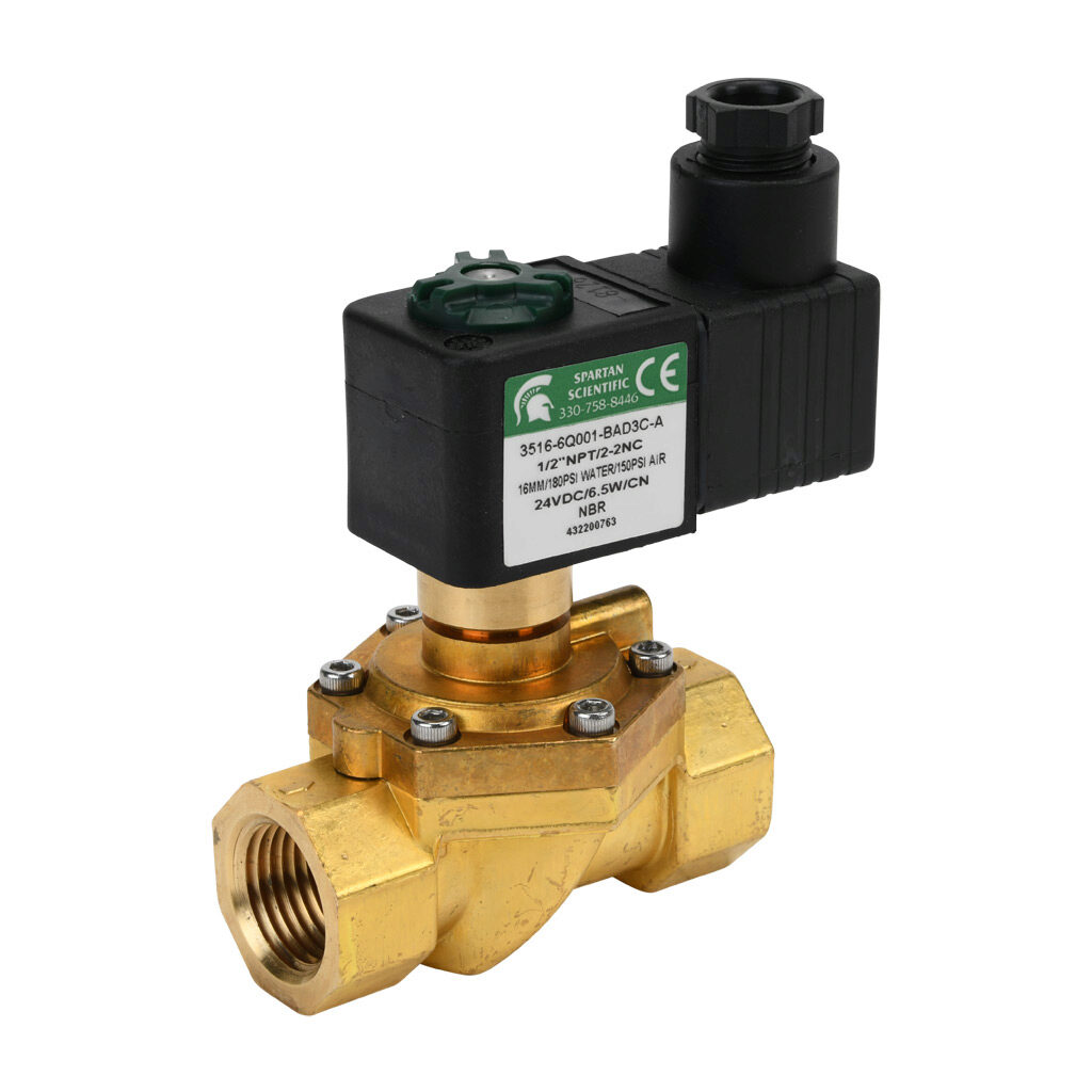 3516-6Q001-BAD3C-A - Spartan solenoid valve, 2-way, 2-position, N.C., low lead brass body, FKM seal(s), 1/2in female NPT inlet(s), 1/2in female NPT outlet(s), Cv=4.5, 10 psi minimum operating pressure, 24 VDC operating voltage, 18mm DIN style wiri...
