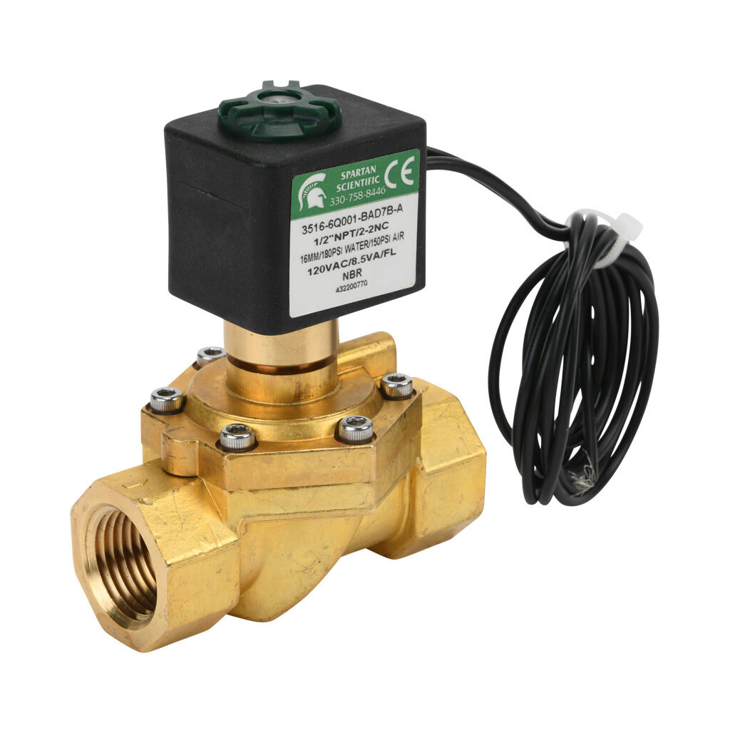 3516-6Q001-BAD7B-A - Spartan solenoid valve, 2-way, 2-position, N.C., low lead brass body, FKM seal(s), 1/2in female NPT inlet(s), 1/2in female NPT outlet(s), Cv=4.5, 10 psi minimum operating pressure, 120 VAC operating voltage, 18in 22 AWG pigtail.