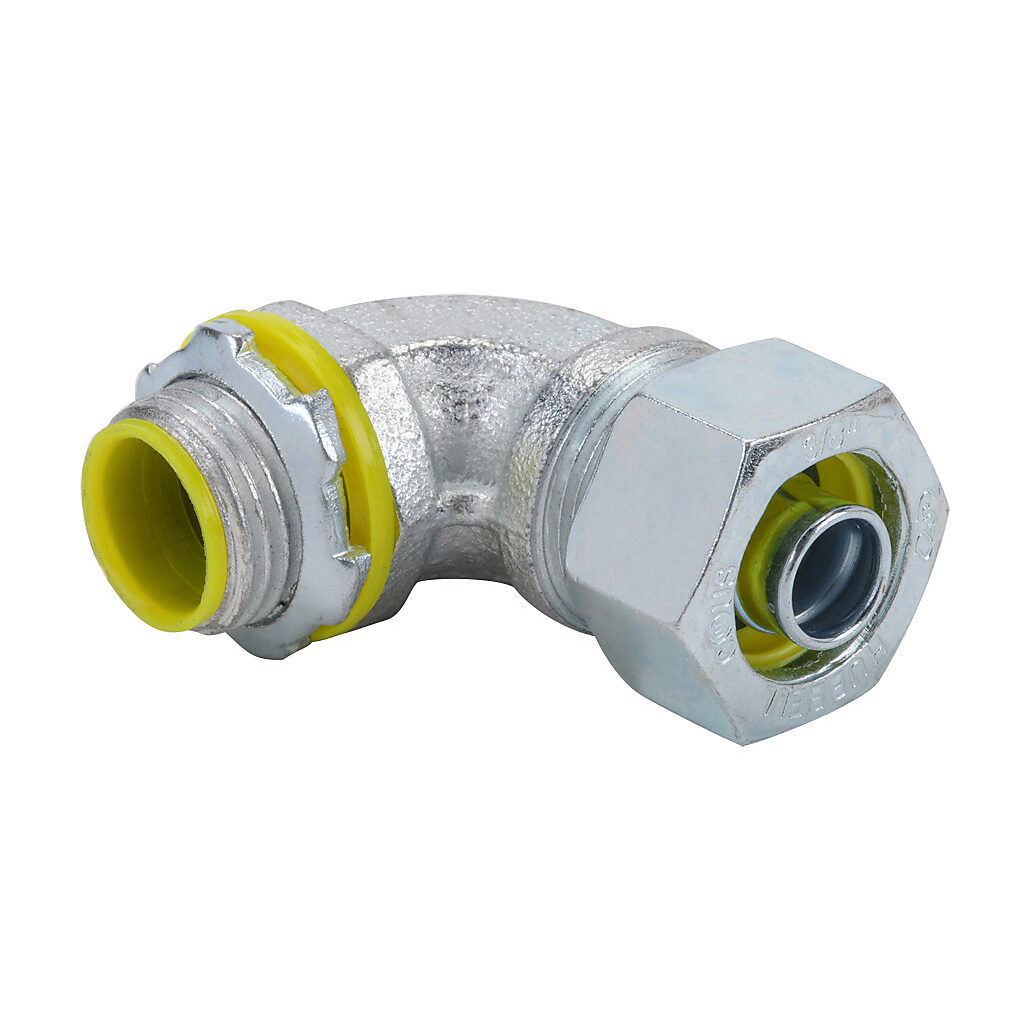 3541RAC - RACO fitting, liquid-tight, steel, 90-degree, 3/8in trade size, compression conduit connection, insulated, zinc electro-plated finish. Package of 25. For use with LFMC and NM-Type B electrical conduit. Sealing washer and locknut included.