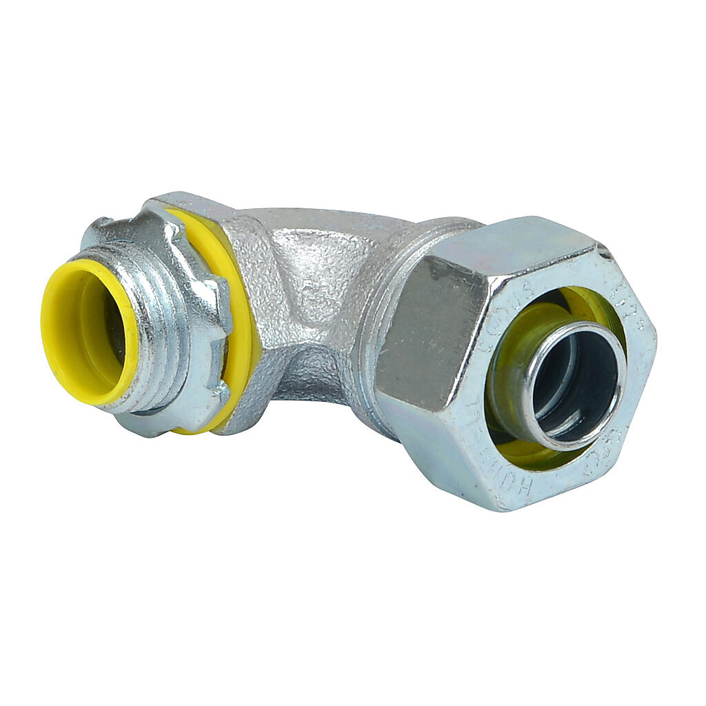 3542 - RACO fitting, liquid-tight, steel, 90-degree, 1/2in trade size, compression conduit connection, insulated, zinc electro-plated finish. Package of 25. For use with LFMC and NM-Type B electrical conduit. Sealing washer and locknut included.