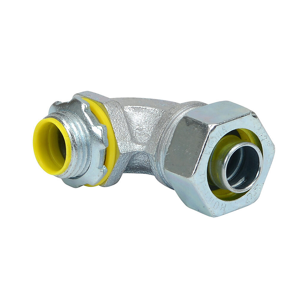 3542-8 - RACO fitting, liquid-tight, steel, 90-degree, 1/2in trade size, compression conduit connection, insulated, zinc electro-plated finish. For use with LFMC and NM-Type B electrical conduit. Sealing washer and locknut included.