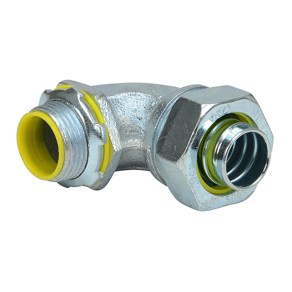 3543 - RACO fitting, liquid-tight, steel, 90-degree, 3/4in trade size, compression conduit connection, insulated, zinc electro-plated finish. Package of 25. For use with LFMC and NM-Type B electrical conduit. Sealing washer and locknut included.