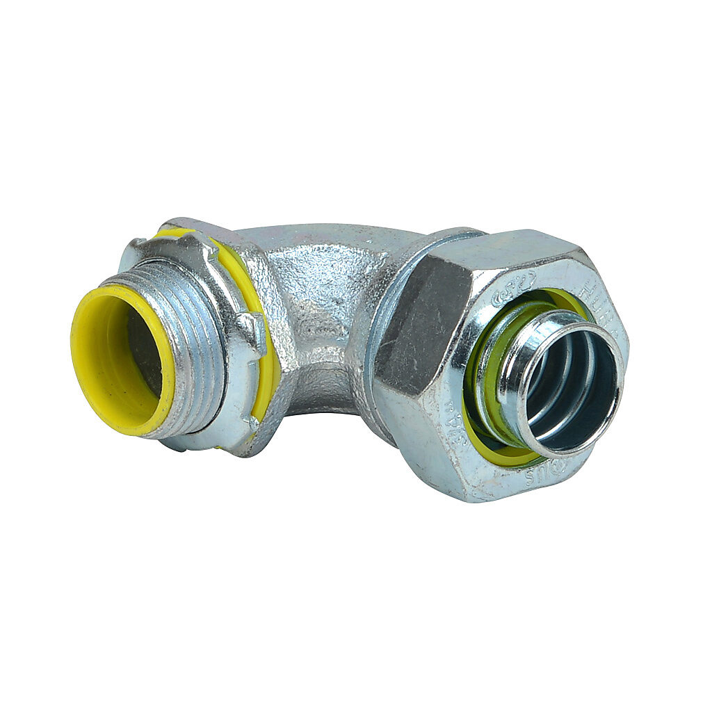 3543-8 - RACO fitting, liquid-tight, steel, 90-degree, 3/4in trade size, compression conduit connection, insulated, zinc electro-plated finish. For use with LFMC and NM-Type B electrical conduit. Sealing washer and locknut included.