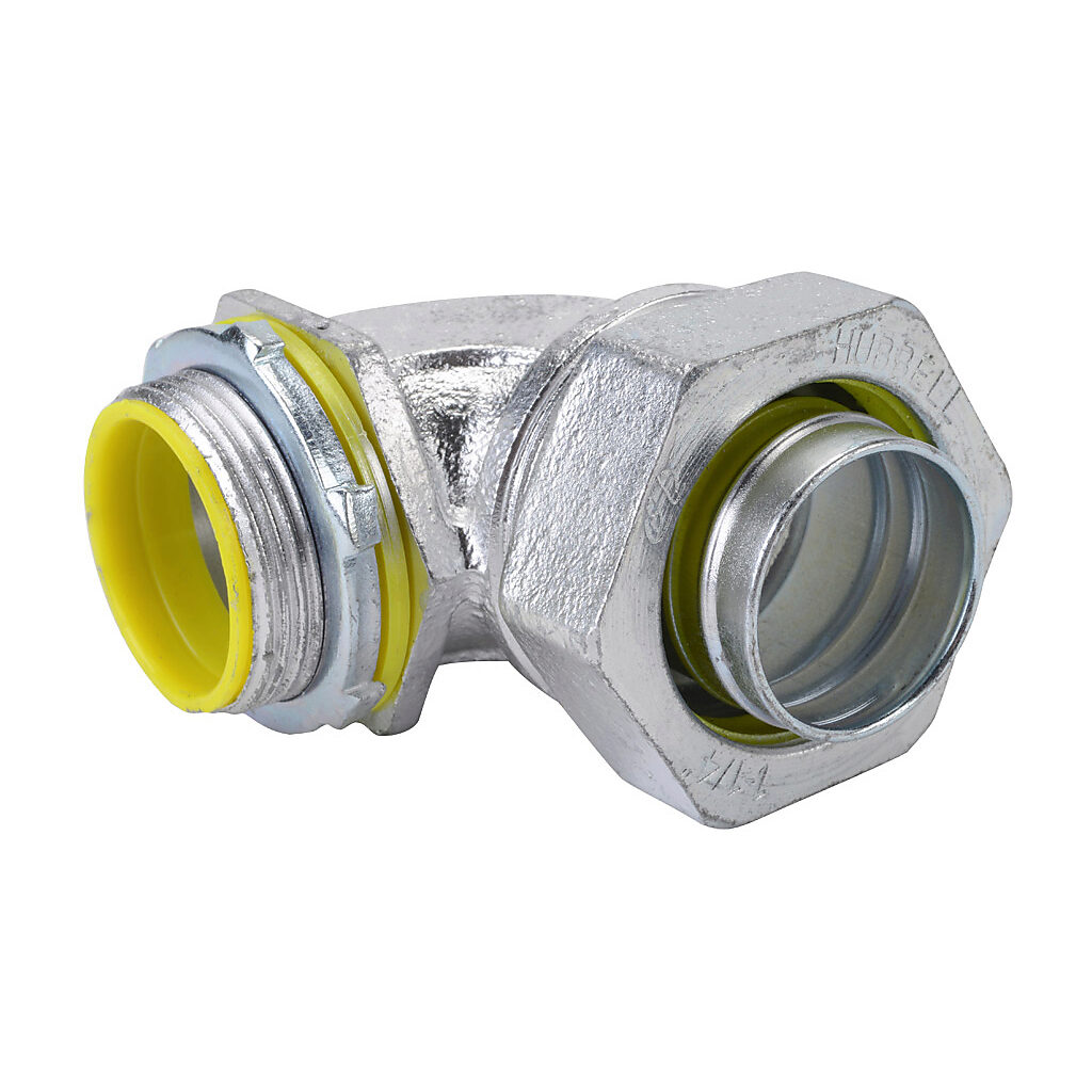 3545 - RACO fitting, liquid-tight, malleable iron, 90-degree, 1-1/4in trade size, compression conduit connection, insulated, zinc electro-plated finish. Package of 10. For use with LFMC and NM-Type B electrical conduit. Sealing washer and locknut ...