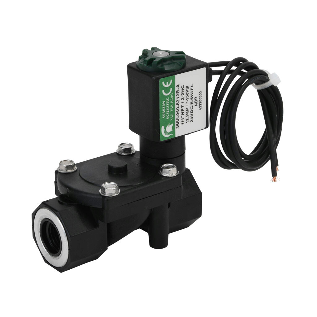 3580-060-8213B-A - Spartan solenoid valve, 2-way, 2-position, N.C., glass-filled nylon body, FKM seal(s), 1/4in female NPT inlet(s), 1/4in female NPT outlet(s), Cv=1.55, 7 psi minimum operating pressure, 24 VDC operating voltage, 18in 22 AWG pigtail.
