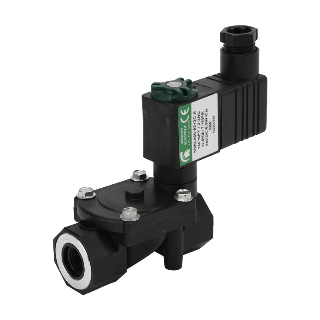 3580-060-8213C-A - Spartan solenoid valve, 2-way, 2-position, N.C., glass-filled nylon body, FKM seal(s), 1/4in female NPT inlet(s), 1/4in female NPT outlet(s), Cv=1.55, 7 psi minimum operating pressure, 24 VDC operating voltage, 11mm DIN style wi...
