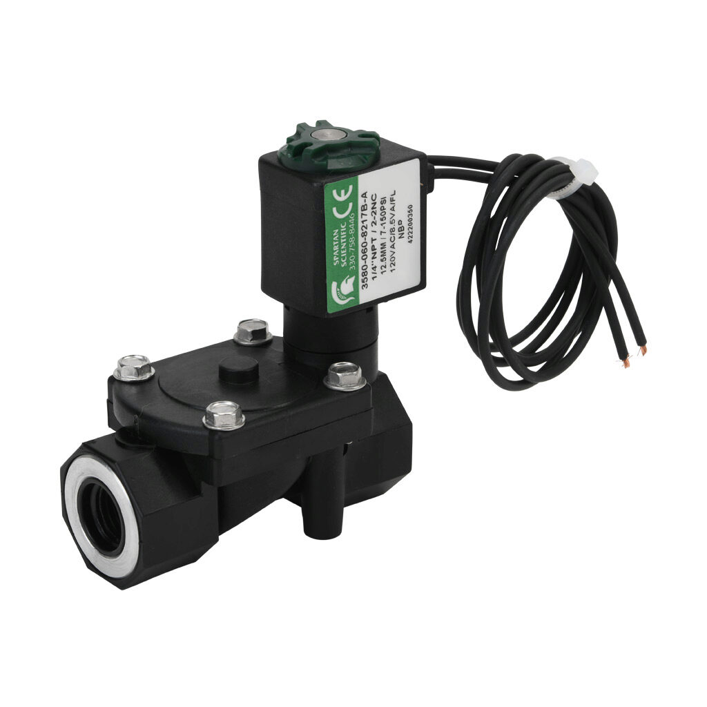 3580-060-8217B-A - Spartan solenoid valve, 2-way, 2-position, N.C., glass-filled nylon body, FKM seal(s), 1/4in female NPT inlet(s), 1/4in female NPT outlet(s), Cv=1.55, 7 psi minimum operating pressure, 120 VAC operating voltage, 18in 22 AWG pigt...