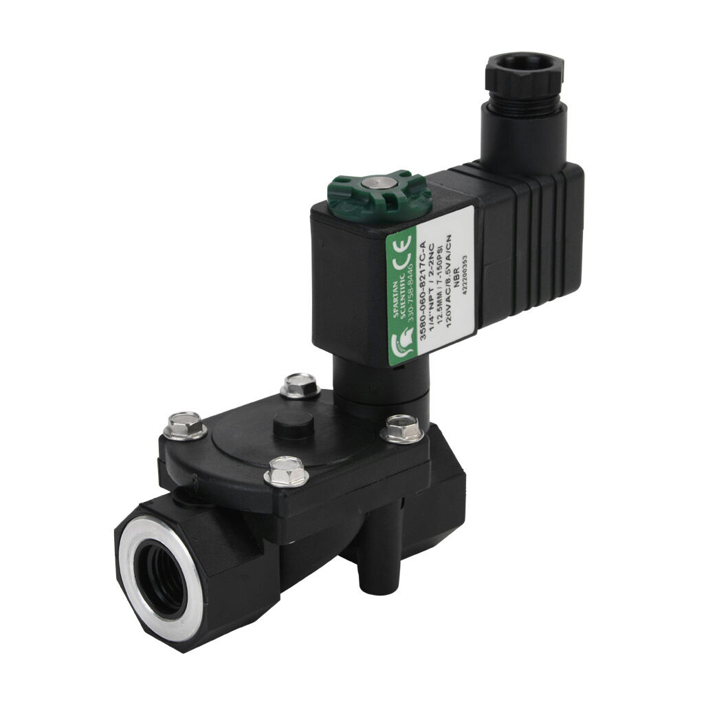 3580-060-8217C-A - Spartan solenoid valve, 2-way, 2-position, N.C., glass-filled nylon body, FKM seal(s), 1/4in female NPT inlet(s), 1/4in female NPT outlet(s), Cv=1.55, 7 psi minimum operating pressure, 120 VAC operating voltage, 11mm DIN style w...
