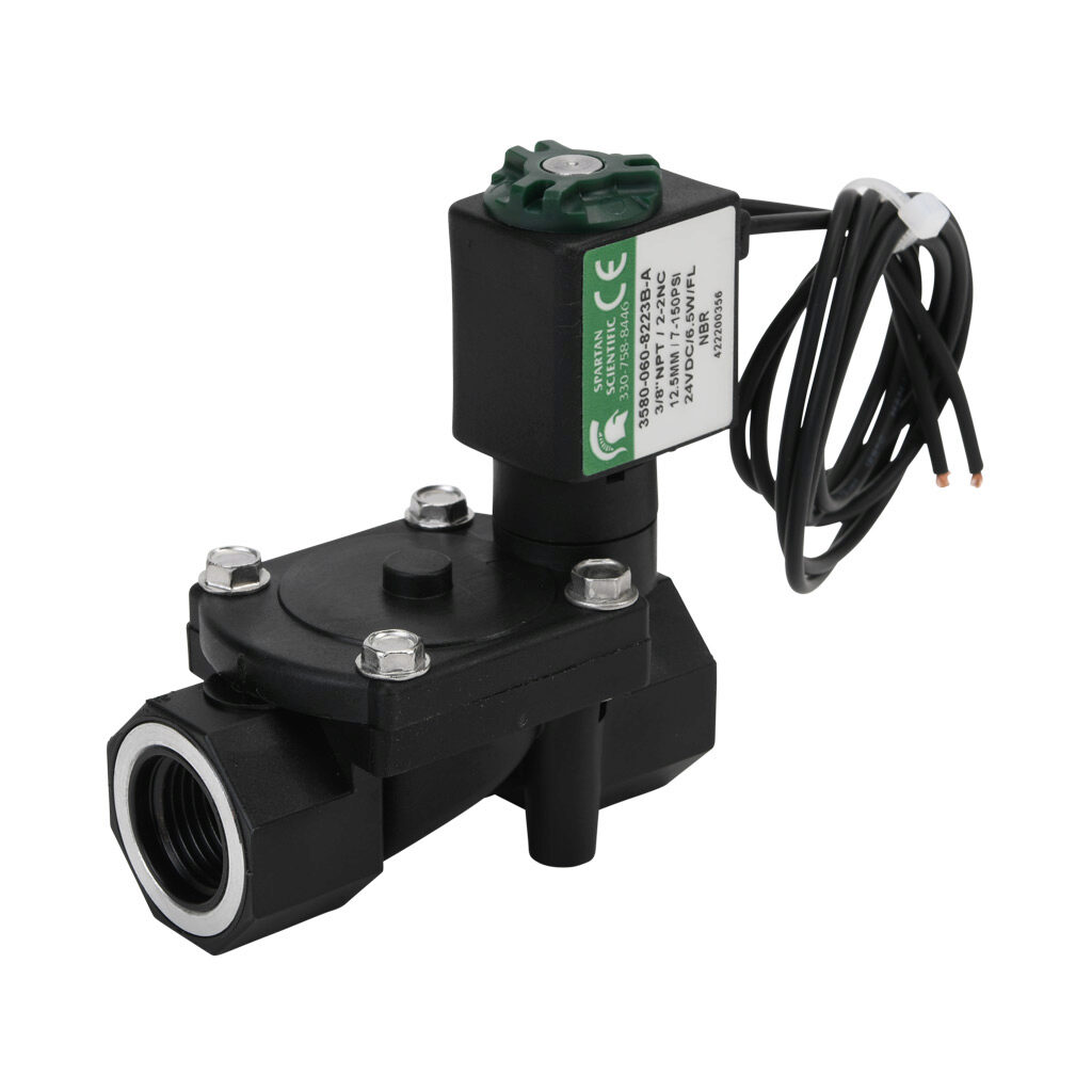 3580-060-8223B-A - Spartan solenoid valve, 2-way, 2-position, N.C., glass-filled nylon body, FKM seal(s), 3/8in female NPT inlet(s), 3/8in female NPT outlet(s), Cv=1.95, 7 psi minimum operating pressure, 24 VDC operating voltage, 18in 22 AWG pigtail.