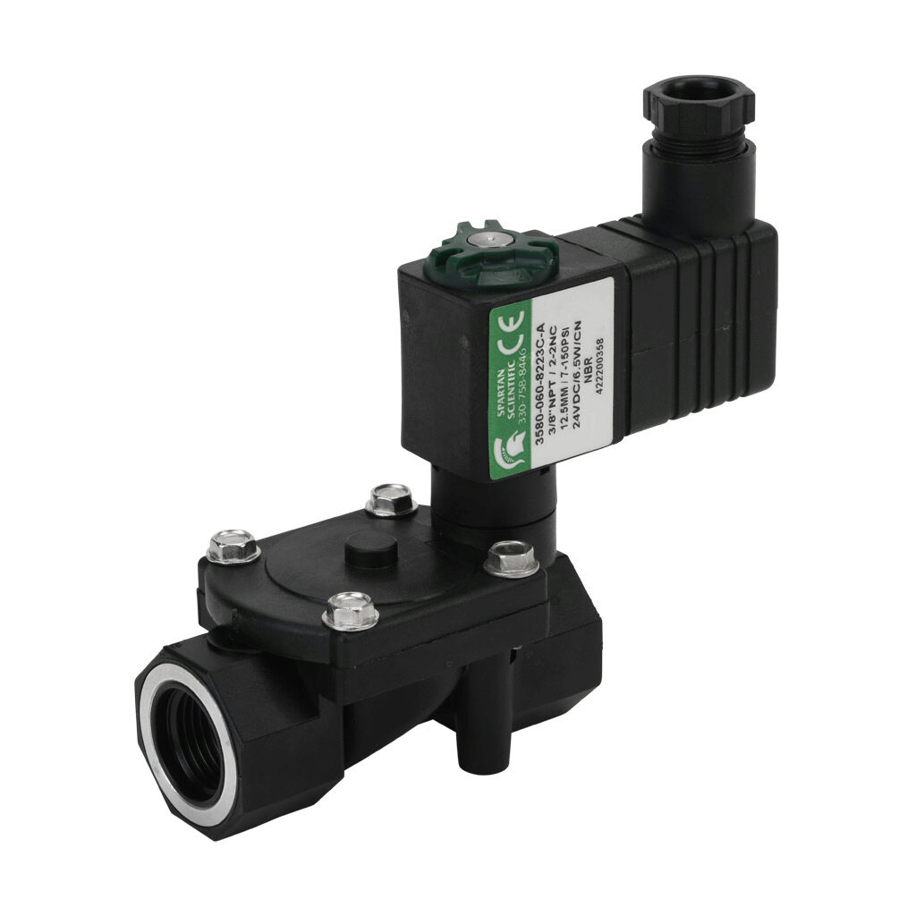 3580-060-8223C-A - Spartan solenoid valve, 2-way, 2-position, N.C., glass-filled nylon body, FKM seal(s), 3/8in female NPT inlet(s), 3/8in female NPT outlet(s), Cv=1.95, 7 psi minimum operating pressure, 24 VDC operating voltage, 11mm DIN style wi...