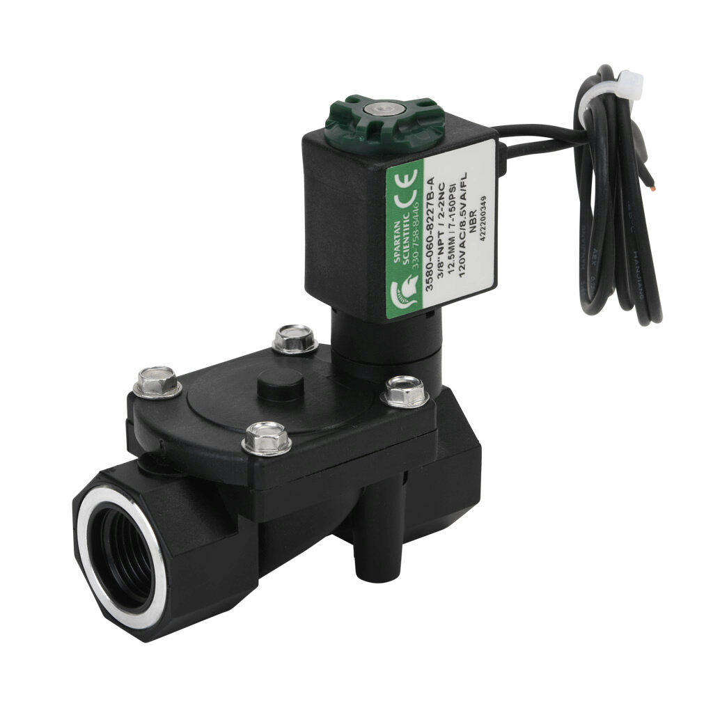 3580-060-8227B-A - Spartan solenoid valve, 2-way, 2-position, N.C., glass-filled nylon body, FKM seal(s), 3/8in female NPT inlet(s), 3/8in female NPT outlet(s), Cv=1.95, 7 psi minimum operating pressure, 120 VAC operating voltage, 18in 22 AWG pigt...