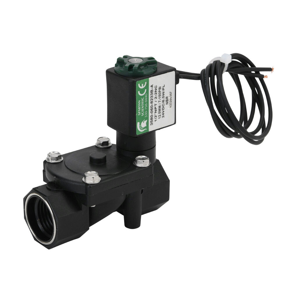 3580-060-8233B-A - Spartan solenoid valve, 2-way, 2-position, N.C., glass-filled nylon body, FKM seal(s), 1/2in female NPT inlet(s), 1/2in female NPT outlet(s), Cv=2.45, 7 psi minimum operating pressure, 24 VDC operating voltage, 18in 22 AWG pigtail.