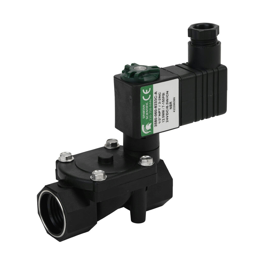 3580-060-8233C-A - Spartan solenoid valve, 2-way, 2-position, N.C., glass-filled nylon body, FKM seal(s), 1/2in female NPT inlet(s), 1/2in female NPT outlet(s), Cv=2.45, 7 psi minimum operating pressure, 24 VDC operating voltage, 11mm DIN style wi...