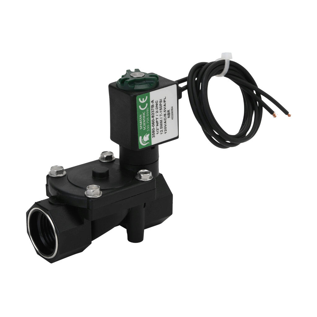 3580-060-8237B-A - Spartan solenoid valve, 2-way, 2-position, N.C., glass-filled nylon body, FKM seal(s), 1/2in female NPT inlet(s), 1/2in female NPT outlet(s), Cv=2.45, 7 psi minimum operating pressure, 120 VAC operating voltage, 18in 22 AWG pigt...