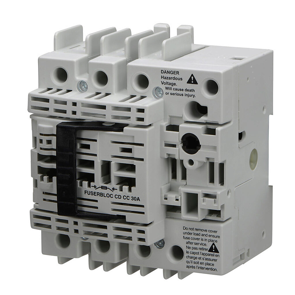 37103003 - Socomec FUSERBLOC Compact series rotary disconnect switch, fusible, Class CC, load break capable, 3-pole, 600 VAC, 30A, 100kA SCCR, DIN rail or panel mount, UL 489 rated, front operated, accepts 5 x 5mm size shaft.