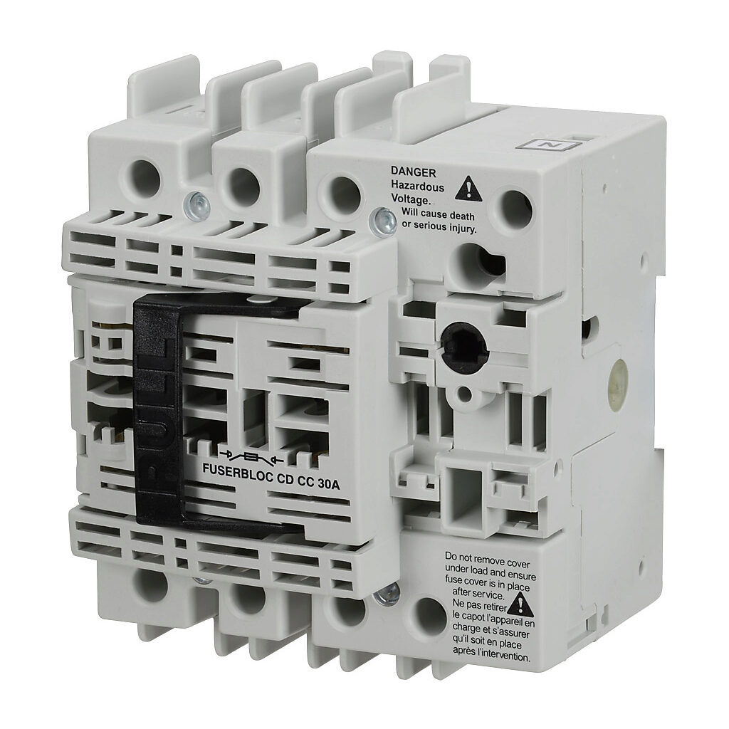 37104003 - Socomec FUSERBLOC Compact series rotary disconnect switch, fusible, Class CC, load break capable, 3-pole, 600 VAC, 30A, 100kA SCCR, DIN rail or panel mount, UL 489 rated, front operated, accepts 5 x 5mm size shaft, switched neutral.