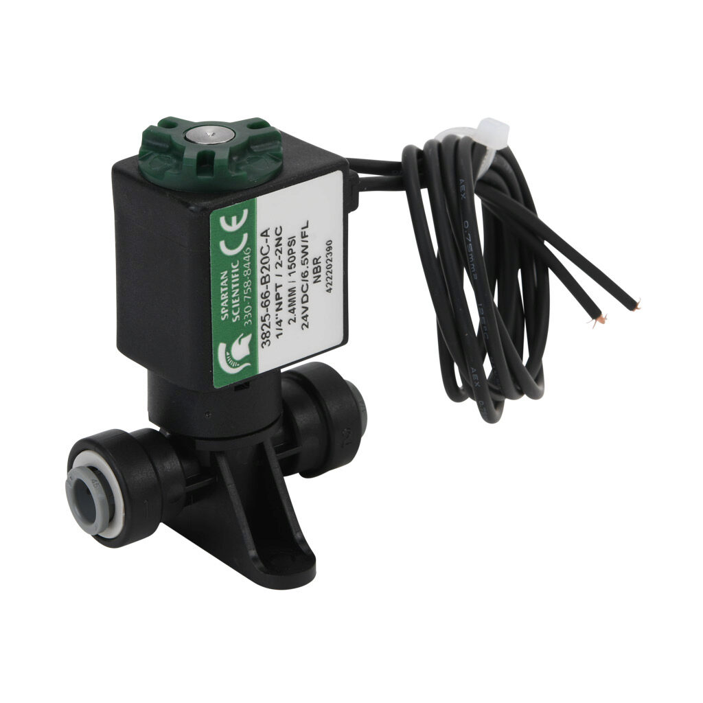 3825-66-B20C-A - Spartan solenoid valve, 2-way, 2-position, N.C., acetal body, FKM seal(s), 1/4in push-to-connect inlet(s), 1/4in push-to-connect outlet(s), Cv=0.24, vacuum minimum operating pressure, 24 VDC operating voltage, 18in 22 AWG pigtail.