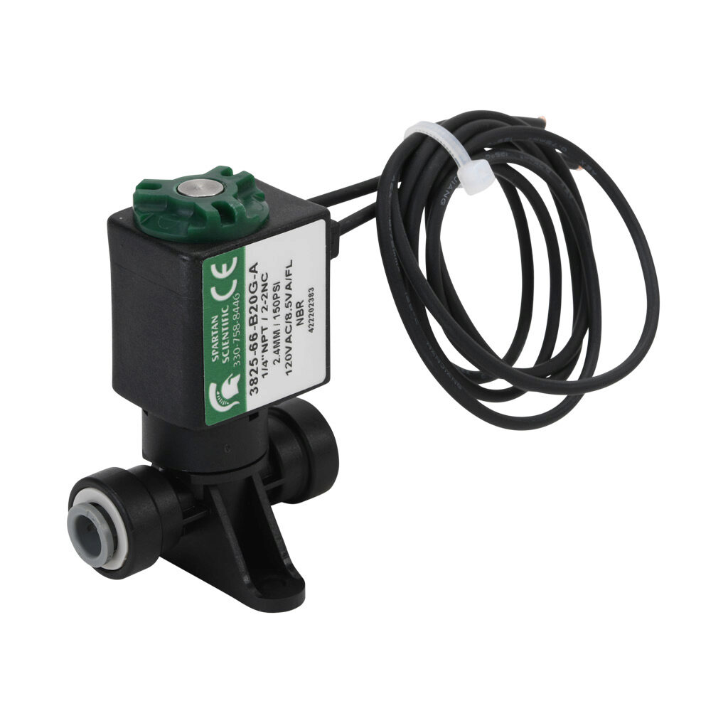 3825-66-B20G-A - Spartan solenoid valve, 2-way, 2-position, N.C., acetal body, FKM seal(s), 1/4in push-to-connect inlet(s), 1/4in push-to-connect outlet(s), Cv=0.24, vacuum minimum operating pressure, 120 VAC operating voltage, 18in 22 AWG pigtail.